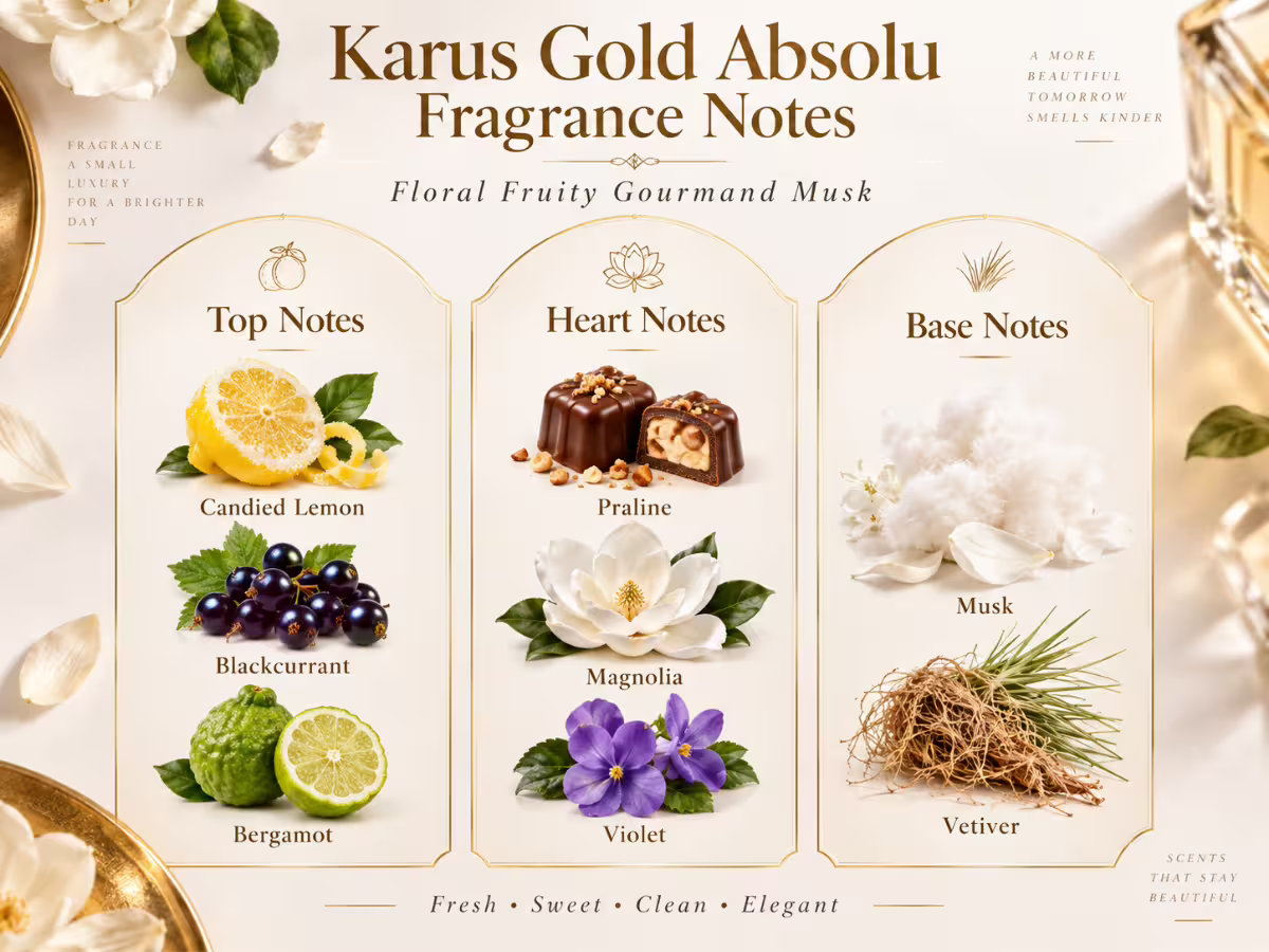Khadlaj Karus Gold Absolu fragrance notes infographic showing candied lemon, blackcurrant, bergamot, praline, magnolia, violet, musk and vetiver
