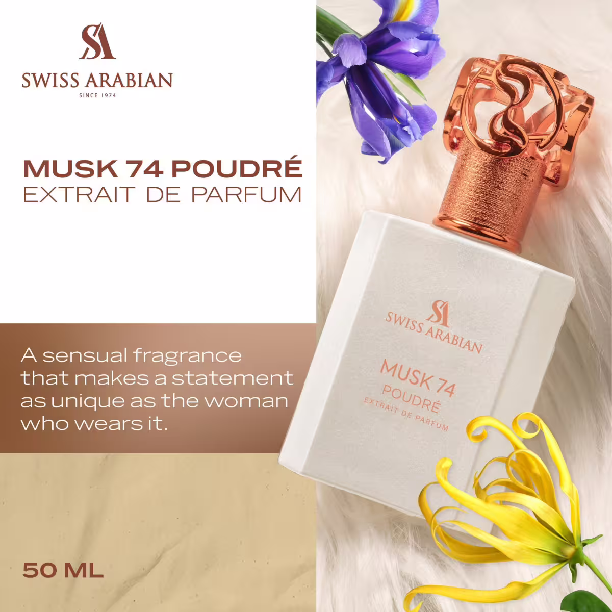 Swiss Arabian Musk 74 Poudre Extrait de Parfum 50ml bottle and packaging